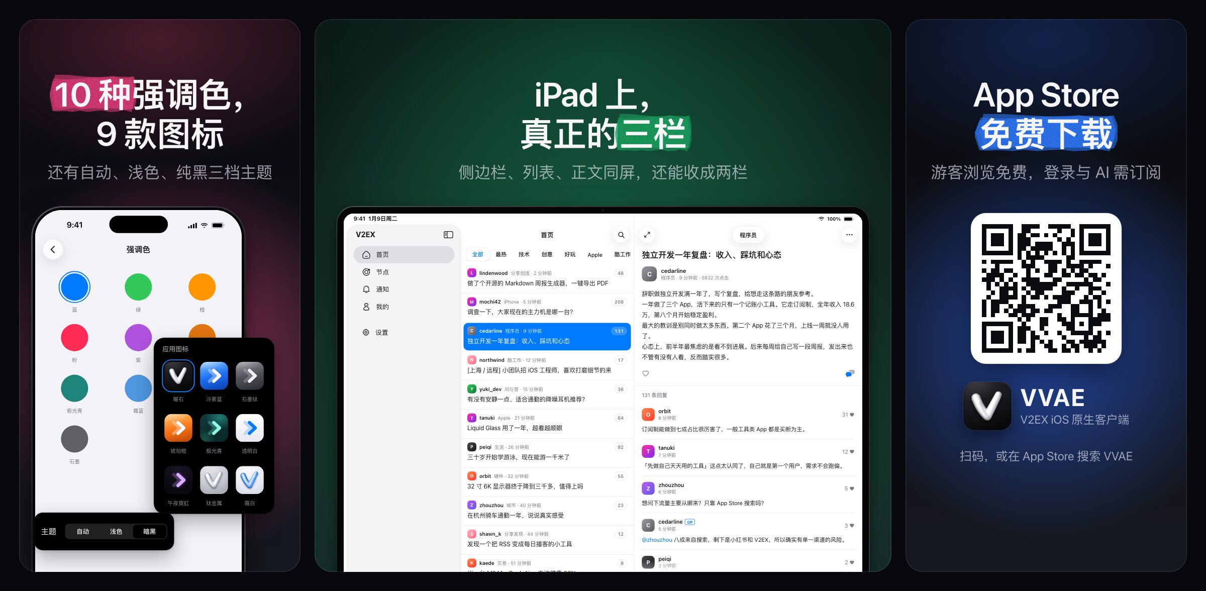 VVAE 截图：外观、iPad 三栏与下载